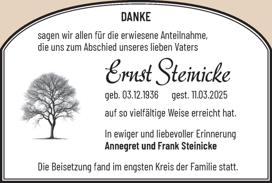 Traueranzeige von Ernst Steinicke von Märkische Oderzeitung