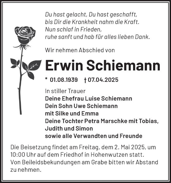 Traueranzeige von Erwin Schiemann von Märkische Oderzeitung