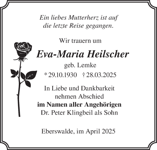 Traueranzeige von Eva-Maria Heilscher von Märkische Oderzeitung