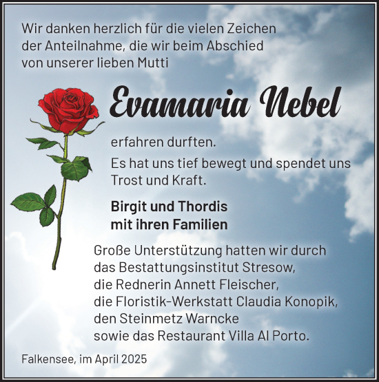 Traueranzeige von Evamaria Nebel von Märkische Oderzeitung