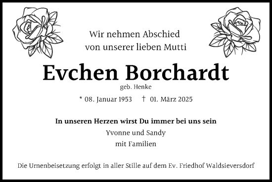 Traueranzeige von Evchen Borchardt von Märkische Oderzeitung