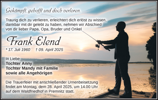 Traueranzeige von Frank Elend von Märkische Oderzeitung