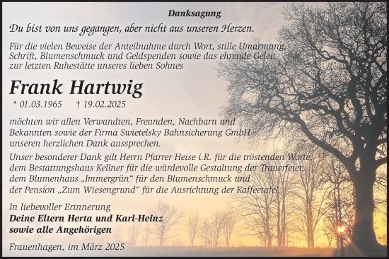 Traueranzeige von Frank Hartwig von Märkische Oderzeitung