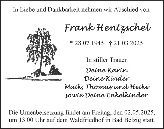 Traueranzeige von Frank Hentzschel von Märkische Oderzeitung