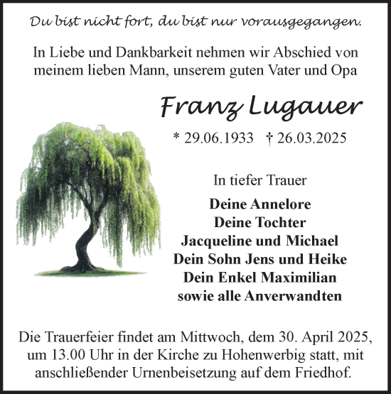 Traueranzeige von Franz Lugauer von Märkische Oderzeitung