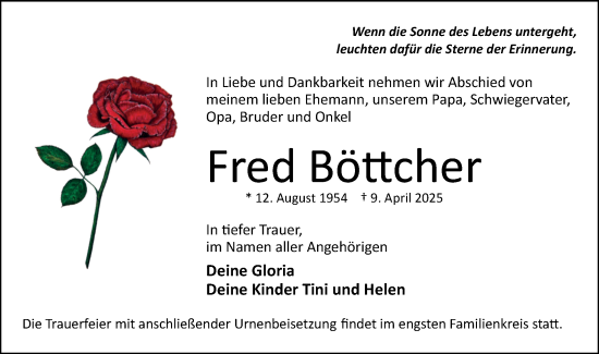 Traueranzeige von Fred Böttcher von Märkische Oderzeitung