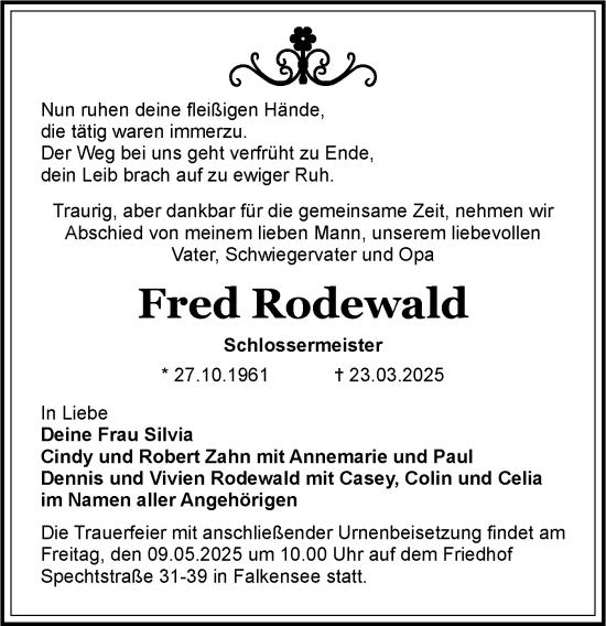 Traueranzeige von Fred Rodewald von Märkische Oderzeitung