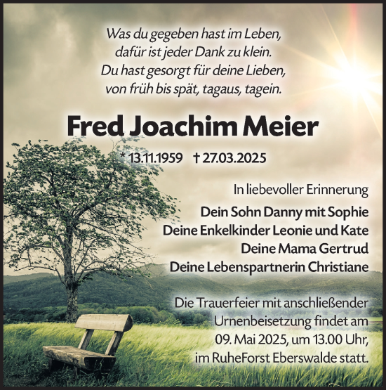 Traueranzeige von Fred Joachim Meier von Märkische Oderzeitung
