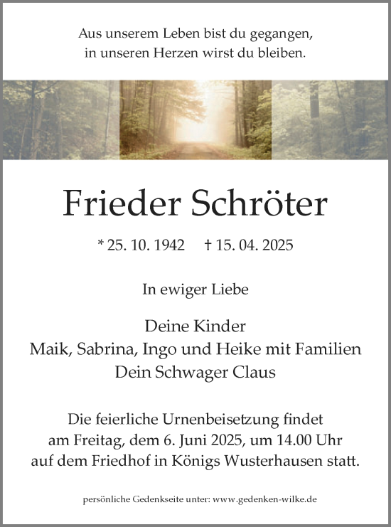 Traueranzeige von Frieder Schröter von Märkische Oderzeitung