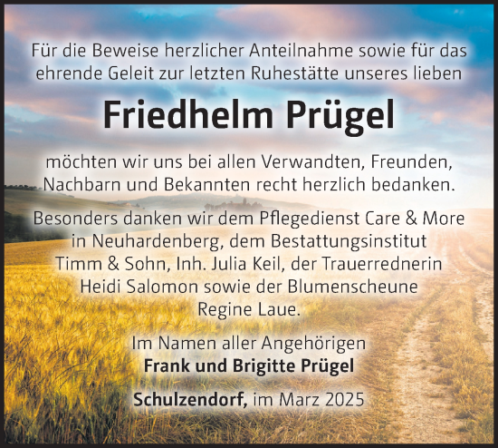 Traueranzeige von Friedhelm Prügel von Märkische Oderzeitung