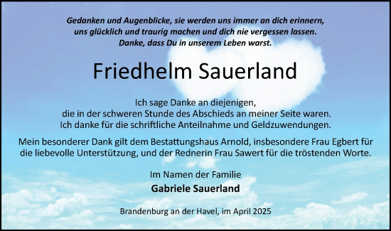 Traueranzeige von Friedhelm Sauerland von Märkische Oderzeitung
