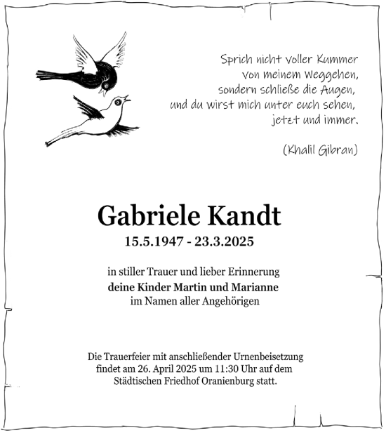Traueranzeige von Gabriele Kandt von Märkische Oderzeitung
