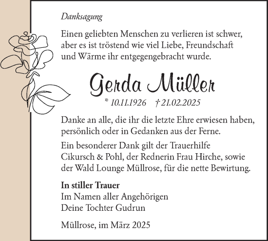 Traueranzeige von Gerda Müller von Märkische Oderzeitung
