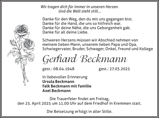 Traueranzeige von Gerhard Beckmann von Märkische Oderzeitung