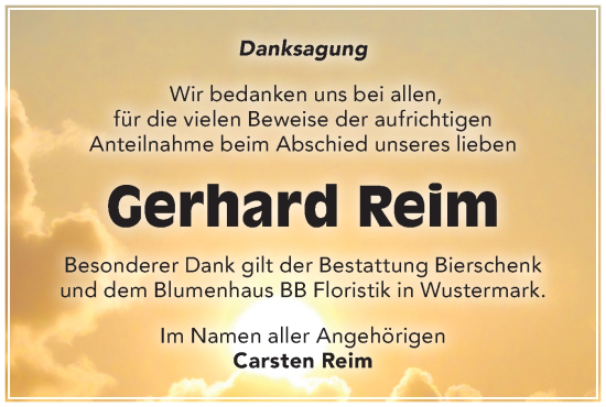 Traueranzeige von Gerhard Reim von Märkische Oderzeitung