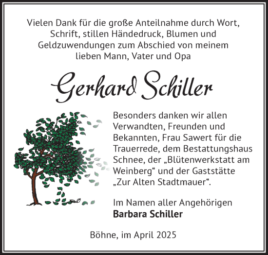 Traueranzeige von Gerhard Schiller von Märkische Oderzeitung