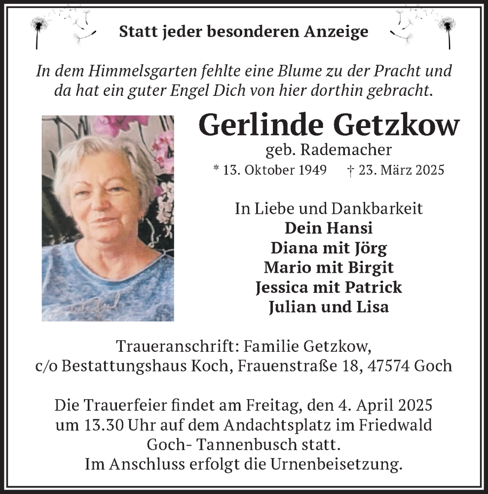  Traueranzeige für Gerlinde Getzkow vom 05.04.2025 aus Märkische Oderzeitung