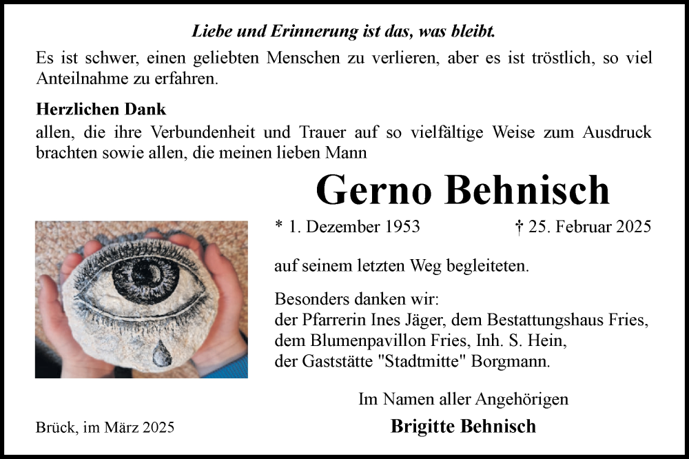  Traueranzeige für Gerno Behnisch vom 05.04.2025 aus Märkische Oderzeitung