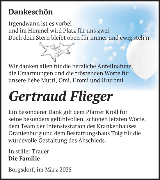 Traueranzeige von Gertraud Flieger von Märkische Oderzeitung