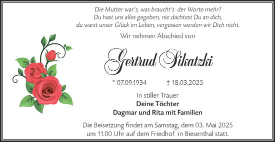 Traueranzeige von Gertrud Sikatzki von Märkische Oderzeitung