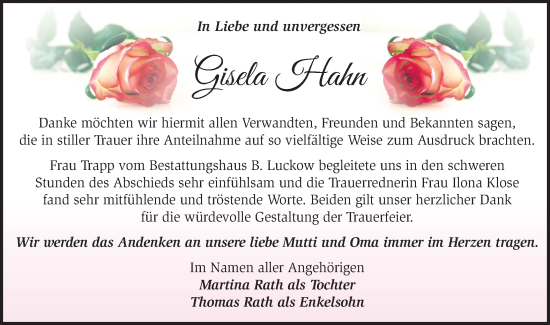 Traueranzeige von Gisela Hahn von Märkische Oderzeitung