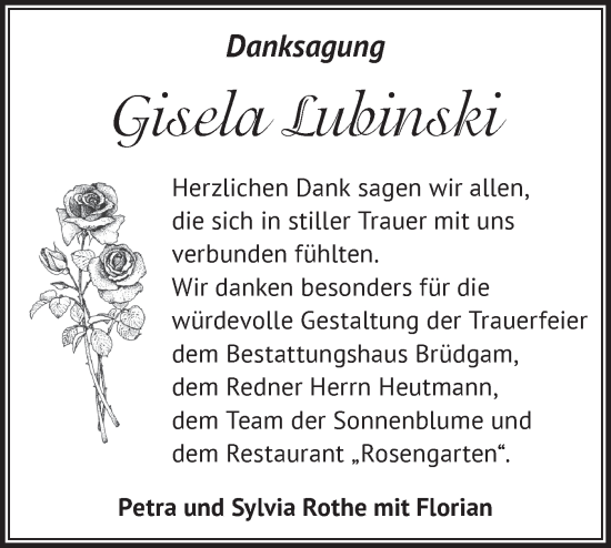 Traueranzeige von Gisela Lubinski von Märkische Oderzeitung