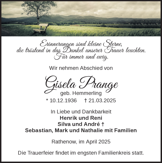 Traueranzeige von Gisela Prange von Märkische Oderzeitung