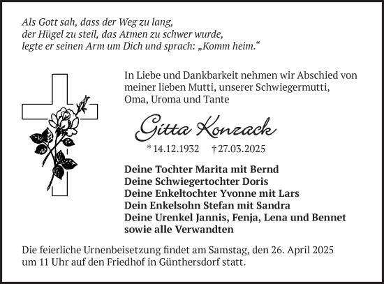 Traueranzeige von Gitta Konzack von Märkische Oderzeitung