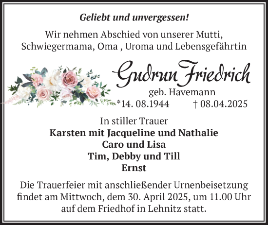 Traueranzeige von Gudrun Friedrich von Märkische Oderzeitung