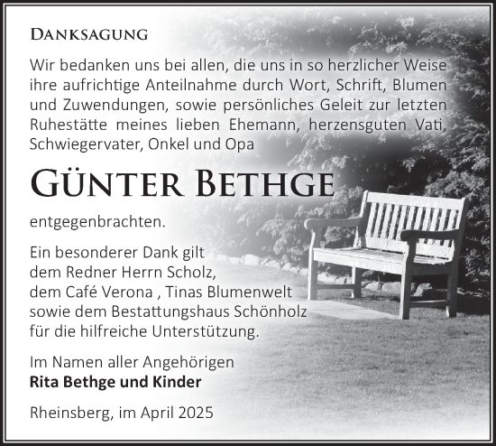 Traueranzeige von Günter Bethge von Märkische Oderzeitung