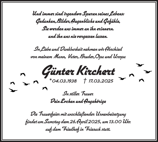 Traueranzeige von Günter Kirchert von Märkische Oderzeitung