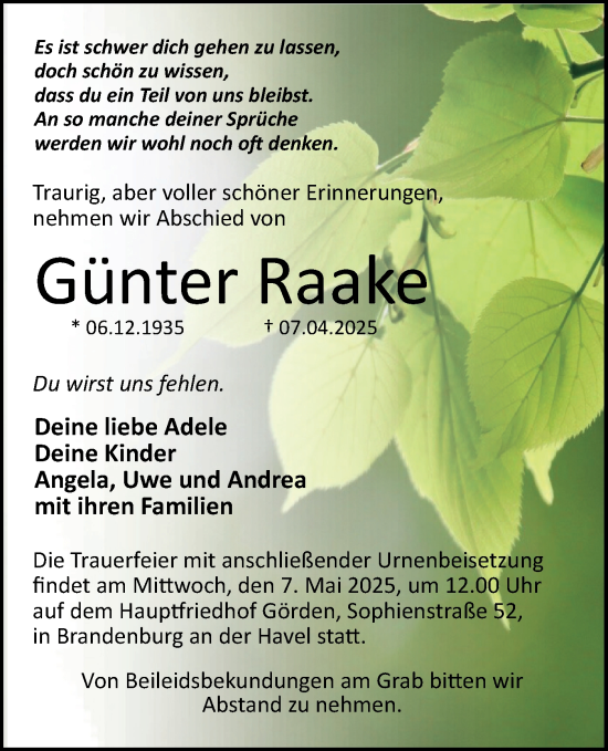 Traueranzeige von Günter Raake von Märkische Oderzeitung