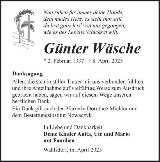 Traueranzeige von Günter Wäsche von Märkische Oderzeitung