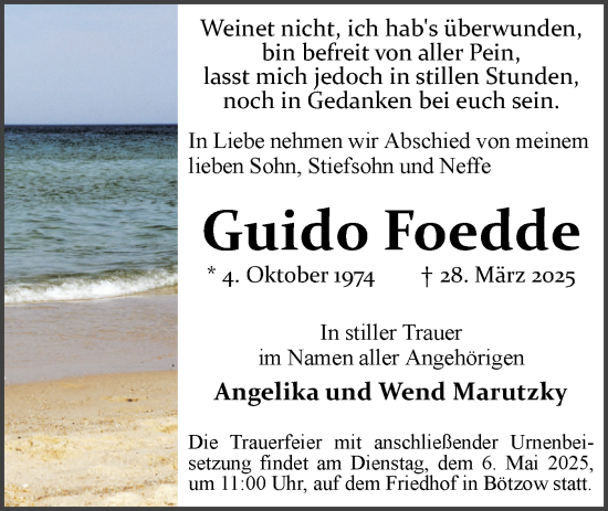 Traueranzeige von Guido Foedde von Märkische Oderzeitung