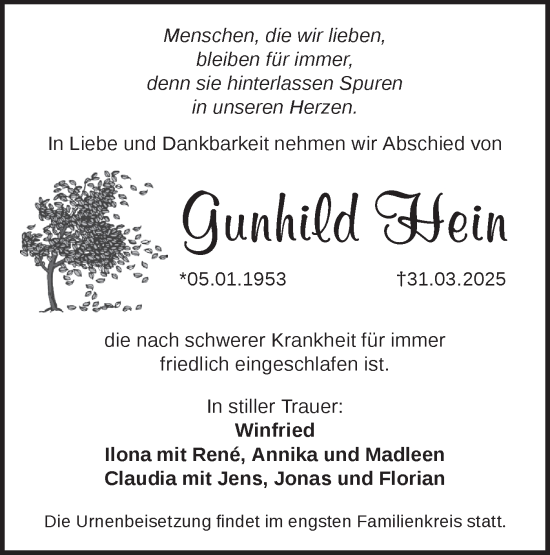 Traueranzeige von Gunhild Hein von Märkische Oderzeitung
