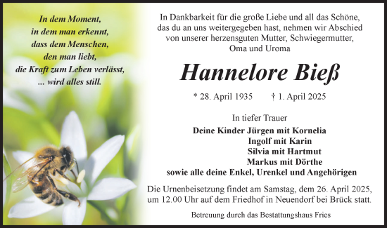 Traueranzeige von Hannelore Bieß von Märkische Oderzeitung