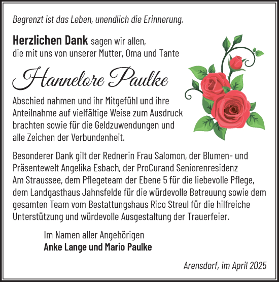 Traueranzeige von Hannelore Paulke von Märkische Oderzeitung