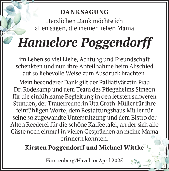 Traueranzeige von Hannelore Poggendorff von Märkische Oderzeitung