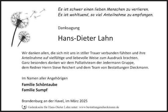 Traueranzeige von Hans-Dieter Lahn von Märkische Oderzeitung