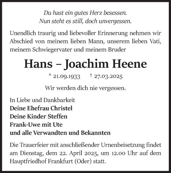 Traueranzeige von Hans-Joachim Heene von Märkische Oderzeitung