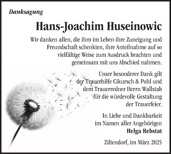 Traueranzeige von Hans-Joachim Huseinowic von Märkische Oderzeitung
