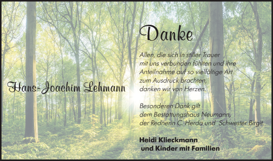 Traueranzeige von Hans-Joachim Lehmann von Märkische Oderzeitung
