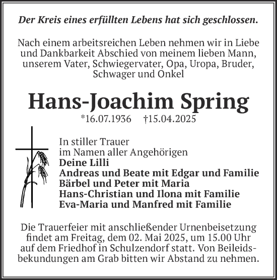 Traueranzeige von Hans-Joachim Spring von Märkische Oderzeitung