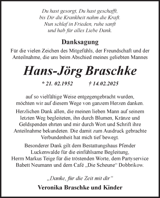Traueranzeige von Hans-Jörg Braschke von Märkische Oderzeitung