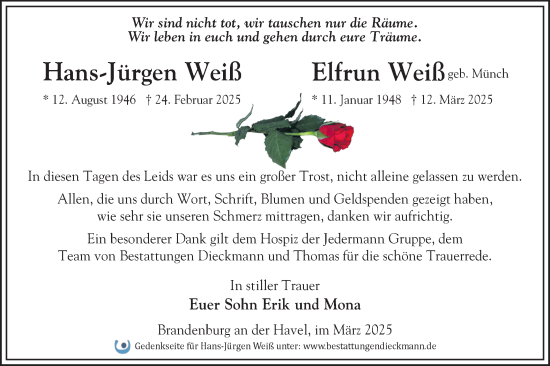 Traueranzeige von Hans-Jürgen Weiß von Märkische Oderzeitung