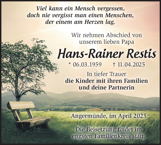 Traueranzeige von Hans-Rainer Restis von Märkische Oderzeitung