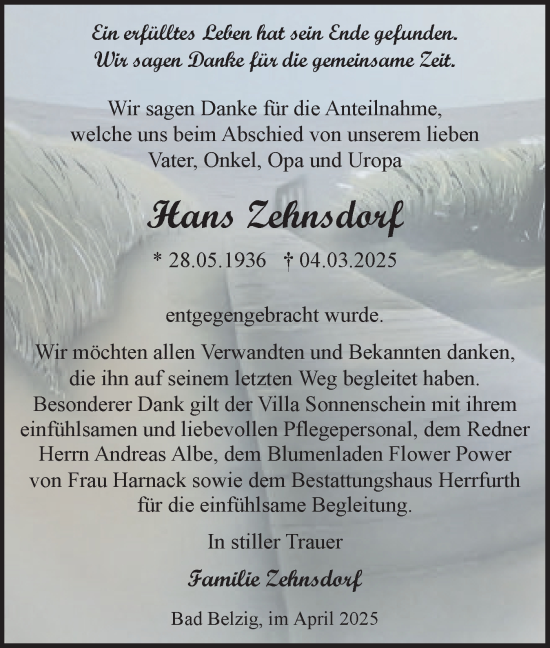 Traueranzeige von Hans Zehnsdorf von Märkische Oderzeitung