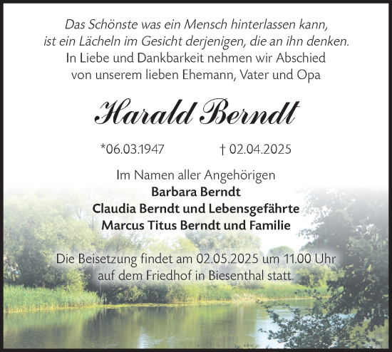 Traueranzeige von Harald Berndt von Märkische Oderzeitung