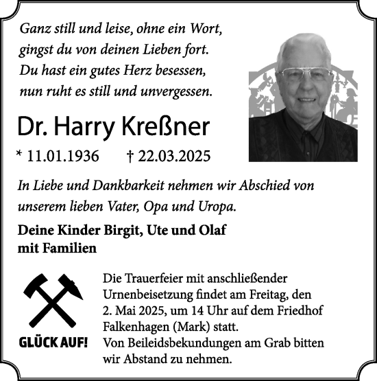 Traueranzeige von Harry Kreßner von Märkische Oderzeitung