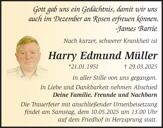Traueranzeige von Harry Edmund Müller von Märkische Oderzeitung